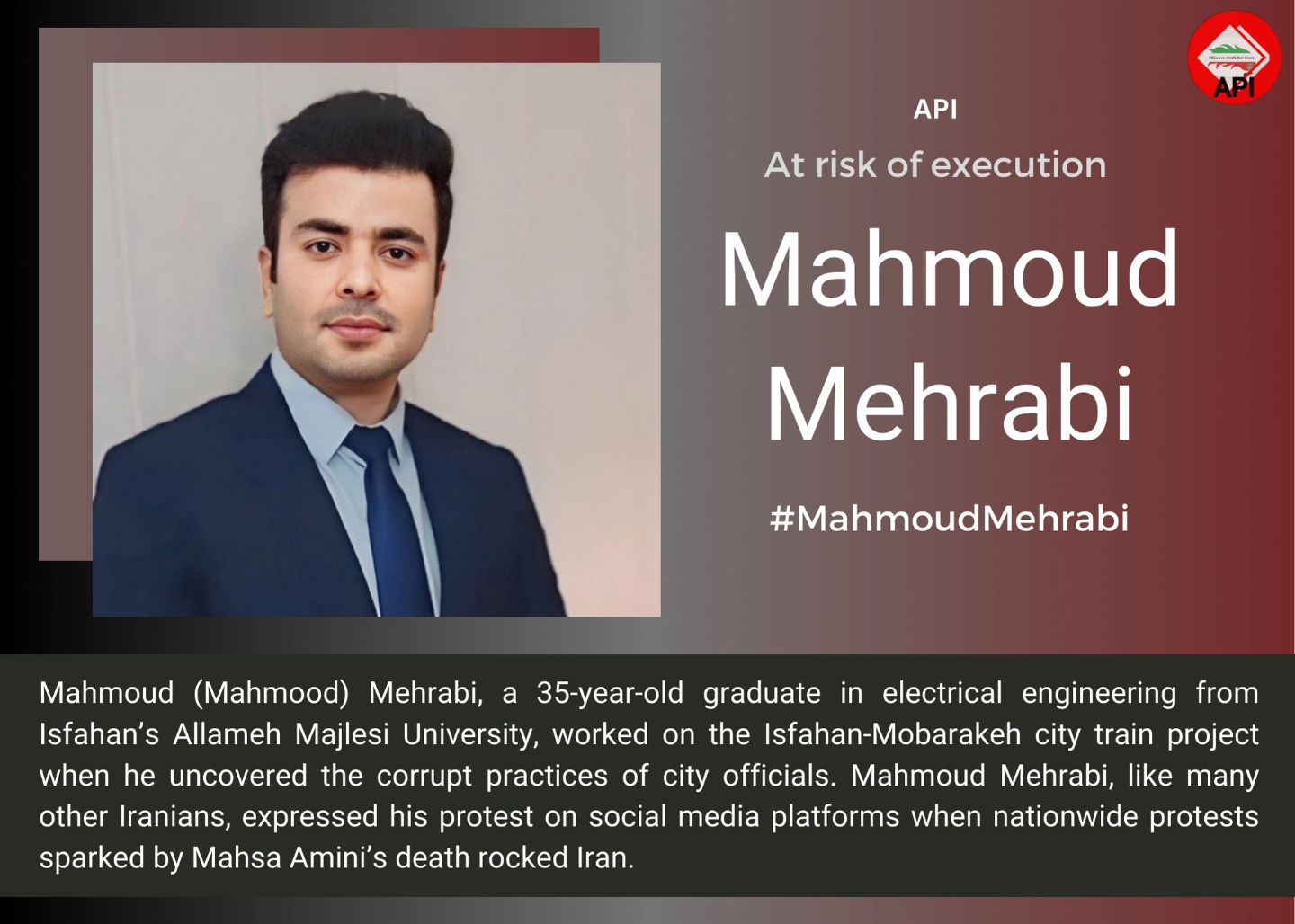 #mahmoudmehrabi #محمود_مهرابیMahmoud Mehrabi, like many other Iranians, expressed his protest on social media platforms when nationwide protests sparked by Mahsa Amini’s death rocked Iran. #deathpenalty #notoexecutionsiniran