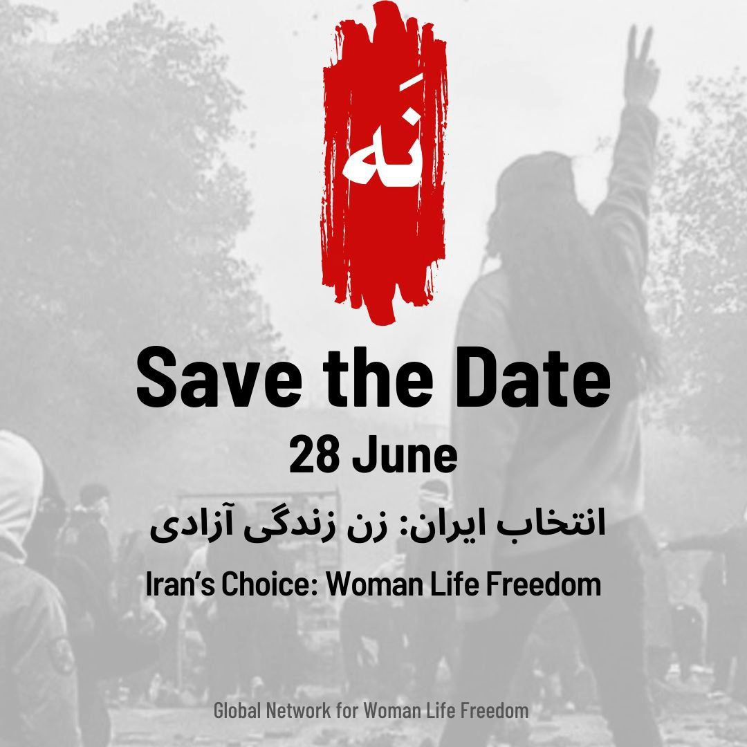 Join us on June 28th to say "No" to the sham election of the Islamic Regime.Iran's Choice: "Woman Life Freedom"Stay tuned for more details on events near you. Spread this message, your presence will make a difference.We stand united until the day of freedom arrives.#NO#MahsaAminiفراخوان سراسری شبکه جهانی برای زن، زندگی، آزادی روز ۲۸ ژوئن به انتخابات فرمایشی جمهوری اسلامی در سراسر دنیا همصدا نه می‌گوییم. انتخاب ایران: زن، زندگی، آزادی اطلاعات دقیق تجمعات به زودی از همین رسانه اطلاع رسانی خواهد شد. این پیام را پخش کنید. حضور شما می تواند تفاوتی ایجاد کند. ما ایستاده ایم تا روز آزادی. #نه #مهسا‌_امینی